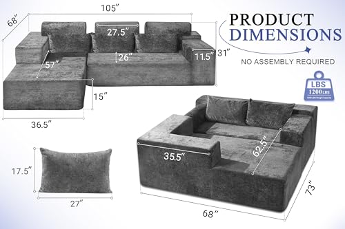 HABUTWAY 105" L-Shape Modular Sectional Sofa, Grey Velvet G848557