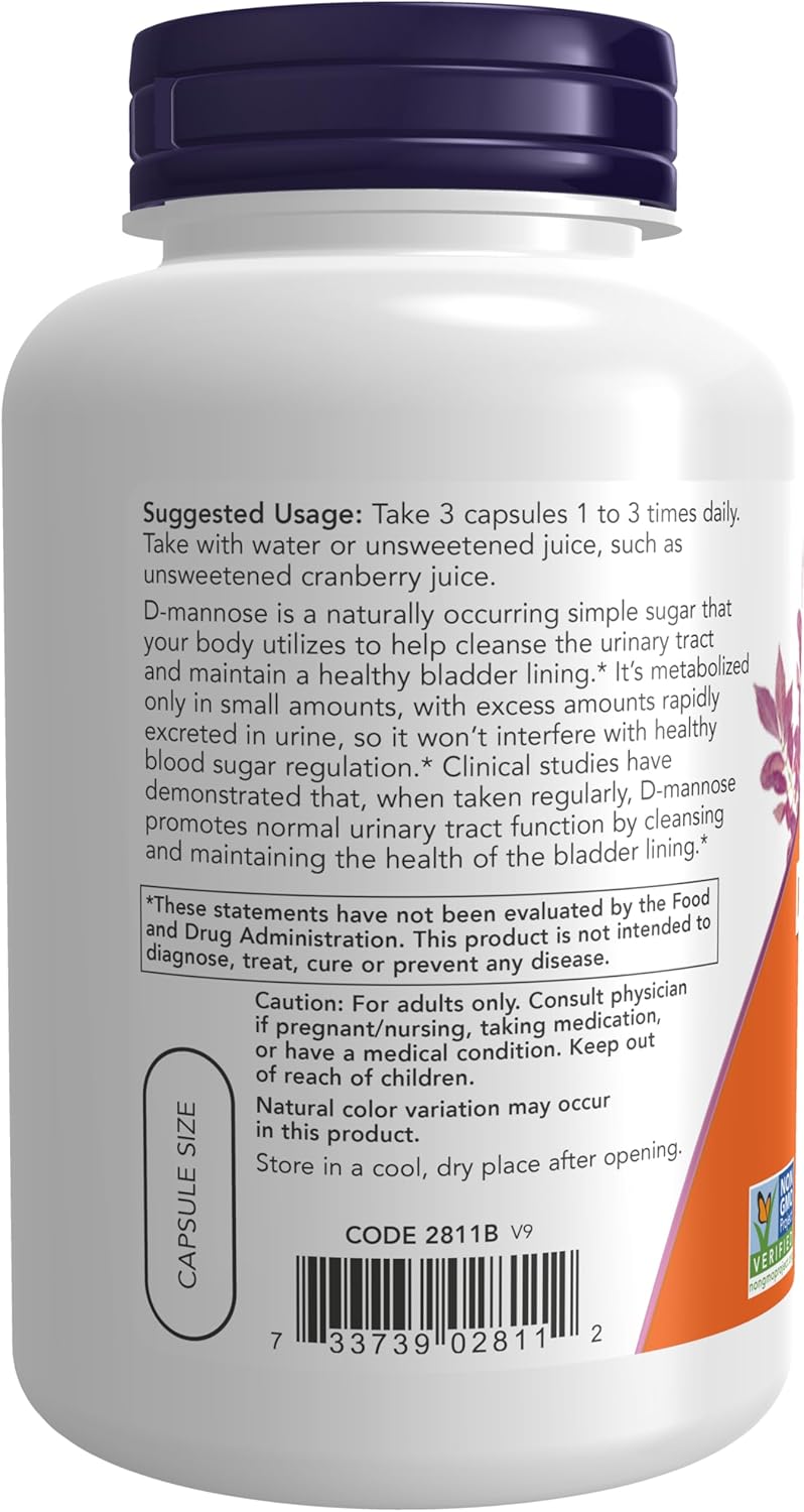 NOW Supplements D-Mannose 500 mg Non-GMO, 120 Veg Capsules F1536