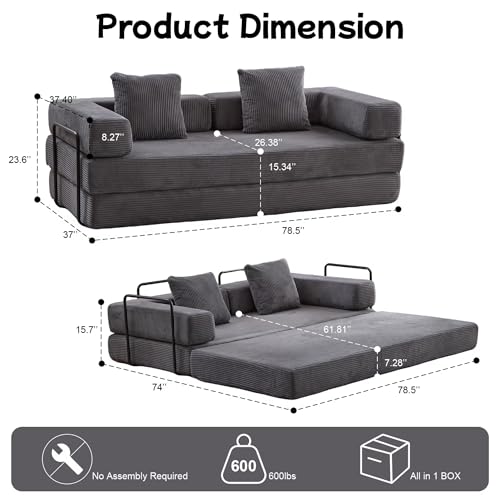 Convertible Floor Sofa Bed with Pillow Back and Armrest, Chenille, Dark Gray N4509