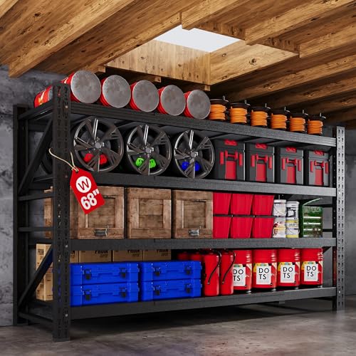 71" W Heavy Duty Steel Garage Shelving, 4-Tier Adjustable Storage Rack, Black C40455