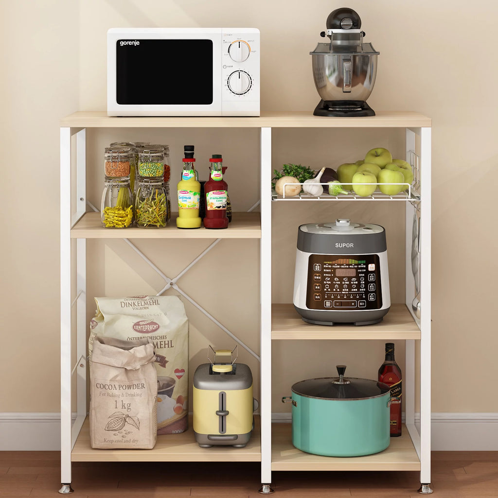 UBesGoo Bakers Rack with Basket, Wood Storage Shelf, White Oak Finish P842676