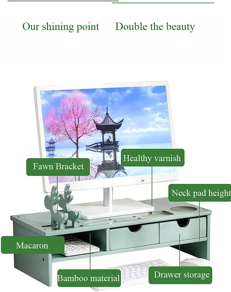 Bamboo Monitor Stand with Drawers Ergonomic Computer Riser Q7487