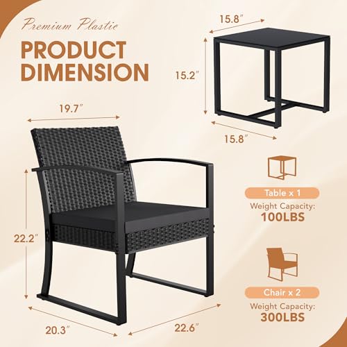 Homall 3 Piece Resin Outdoor Bistro Set with Cushions and Table, Black T139662