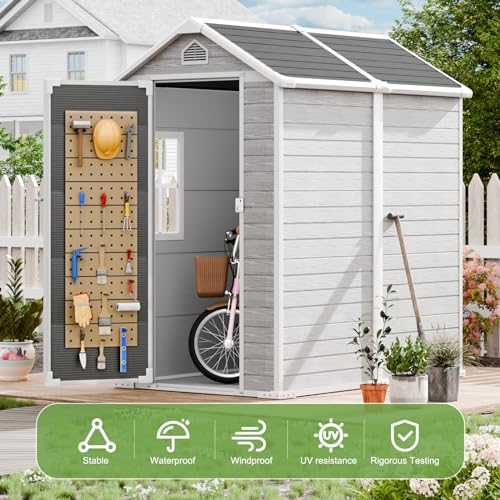 8x6x7 FT Resin Storage Shed, Waterproof Outdoor Tool Shed with Floor, Dove Grey C693740