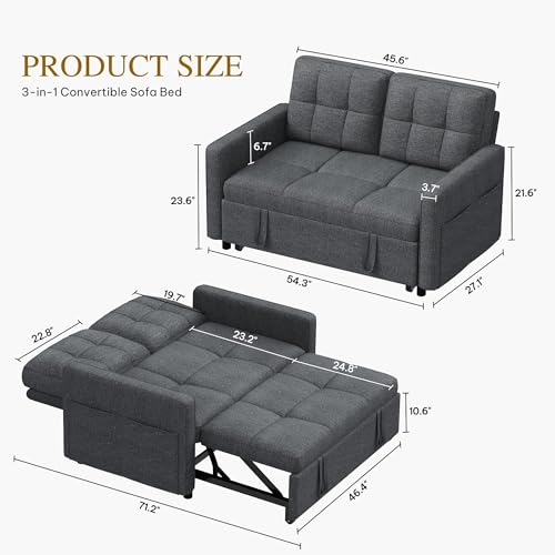 DWVO 55" Convertible Sofa Bed, 3-in-1 Sleeper Sofa with Pull-Out Bed, Linen Futon Couch W749781