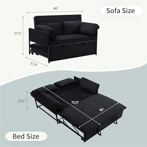 3 in 1 Sleeper Sofa Bed with Side Pocket, Black Convertible Futon Couch W34330