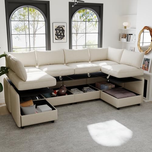 Oversized Modular Sectional Sofa with Movable Ottomans, U-Shaped Chenille J2923
