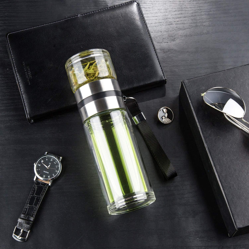 PARACITY Glass Tea Infuser Bottle Double Wall Portable Tumbler 13 OZ K30741