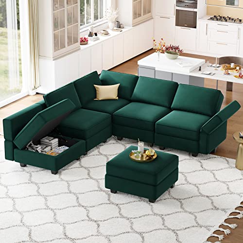 Belffin Modular Velvet Sectional Sofa with Chaise Lounge and Storage, Grey T418154