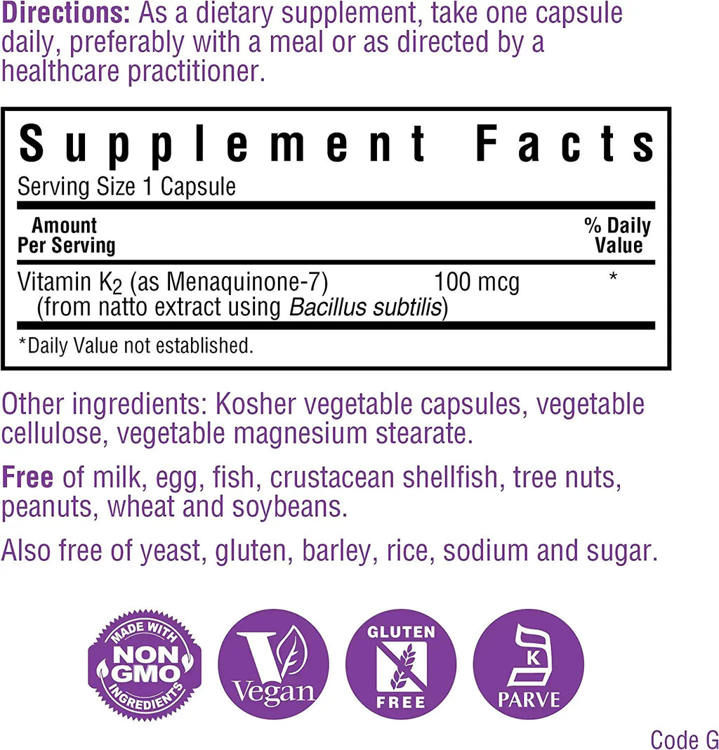 BlueBonnet Vitamin K2 Vegetarian Capsules, 100 Count G42231