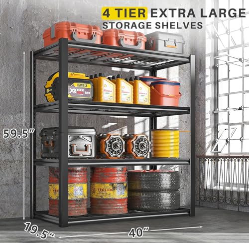 REIBII 40" W Garage Shelving 4-Tier Heavy Duty Adjustable Metal Shelves G342