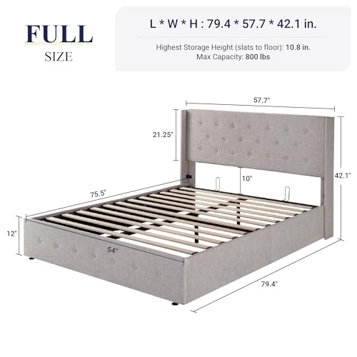 Allewie Full Size Lift Up Storage Bed with Wingback Headboard, Light Beige C85153