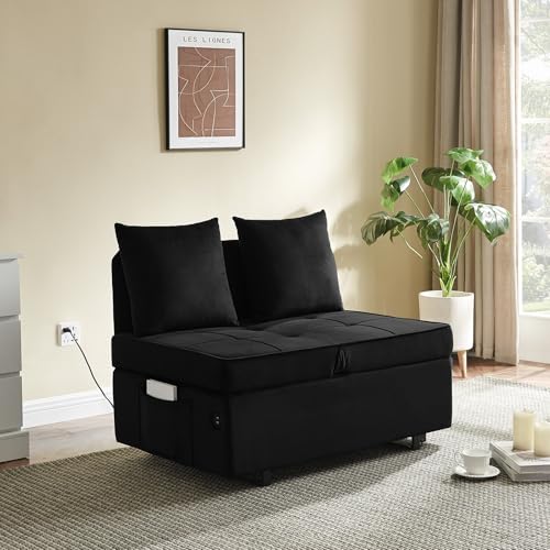Velvet Convertible Sofa Bed Sleeper Chair with 2 Throw Pillows, Dark Grey U621331
