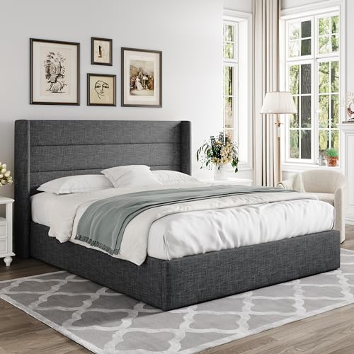 Allewie Full Size Lift Up Storage Bed with Wingback Headboard, Light Beige C85153