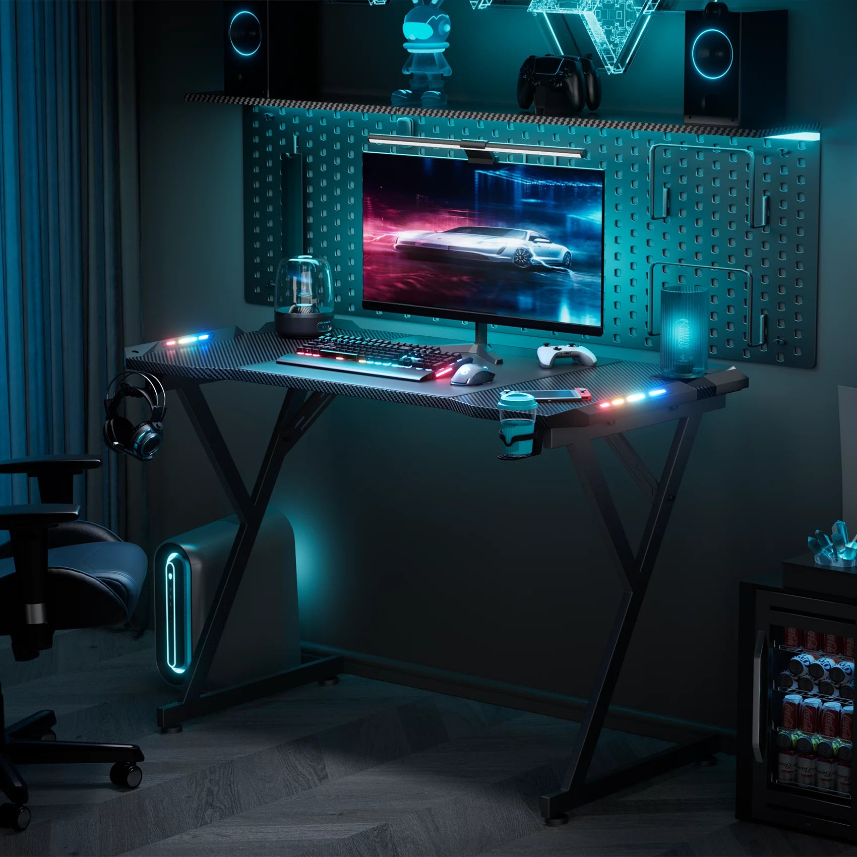 HLDIRECT 55 Inch Gaming Desk with LED Lights, Carbon Fibre Surface, Black A69190