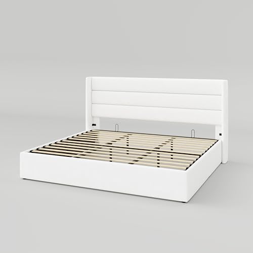 Allewie Full Size Lift Up Storage Bed with Wingback Headboard, Light Beige C85153