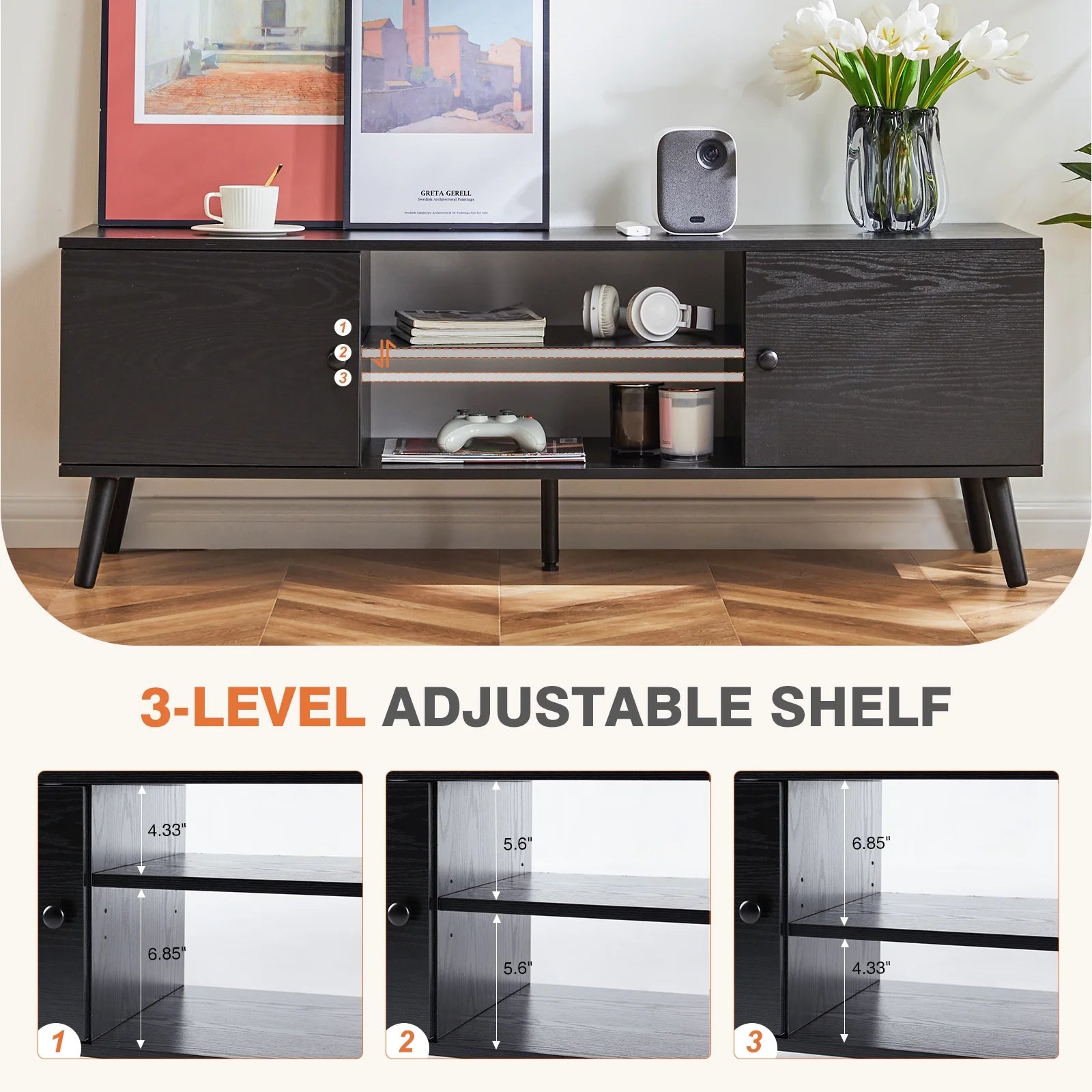 Mid Century Modern TV Stand for TVs up to 65-inch, Black K4106