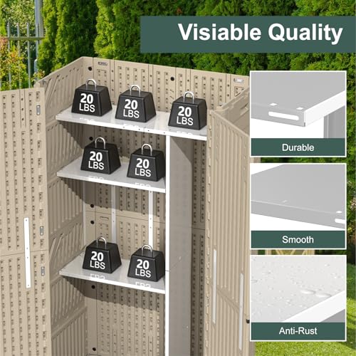 60 Cu.Ft Vertical Outdoor Storage Shed, All-Weather Resin Cabinet, Lockable, Khaki A6694