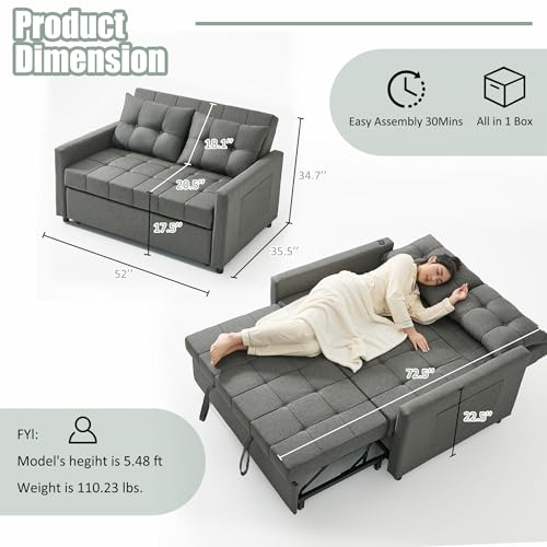 52" Sleeper Sofa with Pull-Out Bed, 3-in-1 Convertible, Linen, Light Gray E80103