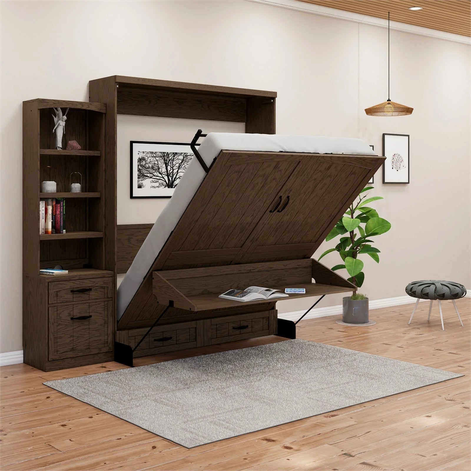 RoomAndLoft Cape Cod Wood Queen Murphy Wall Desk Bed with Shelf Storage, Brown U68106