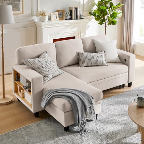 RedLemon 80” Sleeper Sofa Bed,L-Shaped Convertible Sectional Couch with Storage Chaise,2 Built-in Bookshelves and USB Charging Port - Comfy Sofa for Living Room, Apartment, Beige