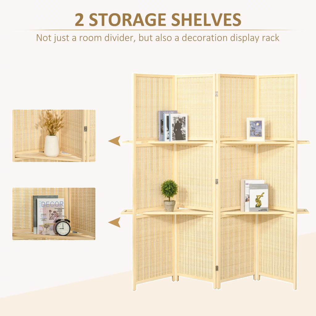 HOMCOM 4-Panel Folding Bamboo Room Divider with Storage Shelves, 6 Ft, Natural Wood H7331