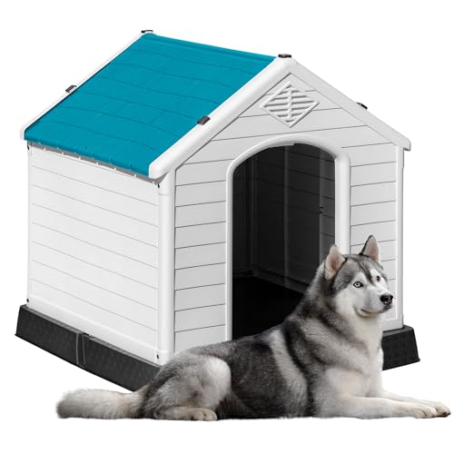 Waterproof Plastic Dog House, 34.5’’ Outdoor Indoor Doghouse for Small, Medium, Large Sized Dogs, Insulated Puppy Shelter with Elevated Floor, Dog Kennel Easy to Assemble (Gray, 34")