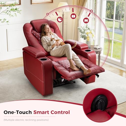 ANJ Power Recliner Chair with USB Ports and Cup Holders, PU Leather, Red R855581