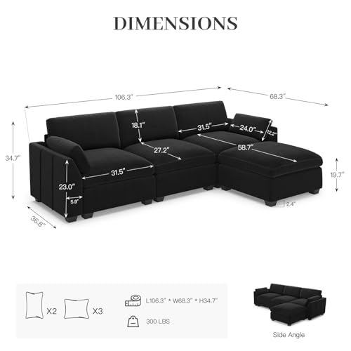 Belffin Extra Large Modular Sectional Sofa, 4-Seater L Shaped Velvet Couch, Black A1471