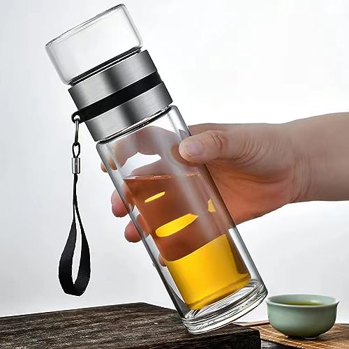 Glass Tea Infuser Bottle Double Wall 15oz, Water Bottle Tea and Water Separation Tea Bottle Mug Cup with Tea Infuser, Tea Bottle with Infusers for Loose Tea cup