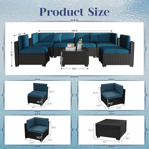 KIGOTY Patio Furniture Set 7 Pieces Outdoor Sectional Sofa with Cushions and Glass Coffee Table B60021