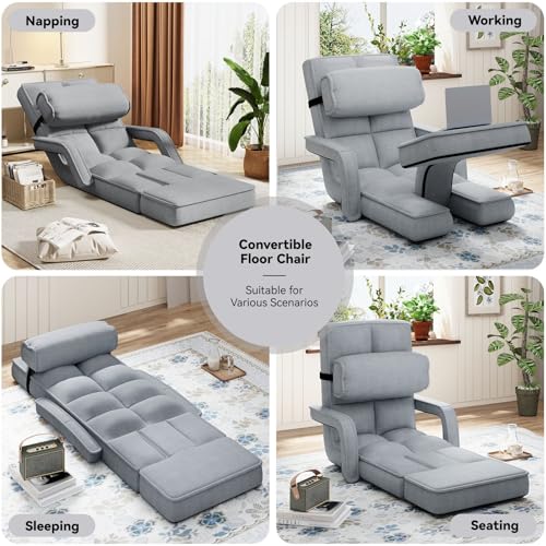Esright Floor Chair, Padded Folding Gaming Chair with Adjustable Backrest, Dark Grey P960