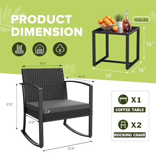 Homall 3 Piece Resin Outdoor Bistro Set with Cushions and Table, Black T139662