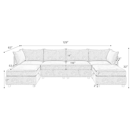 Oversized Modular Sectional Sofa with Movable Ottomans, U-Shaped Chenille J2923