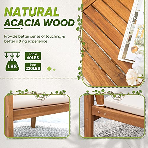 Flamaker 3 Piece Acacia Wood Patio Furniture Set with Coffee Table & Cushions B730