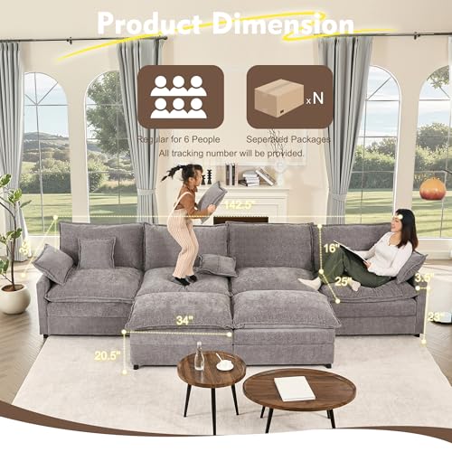 U Shaped Modular Sectional Sofa with Ottoman, Chenille, Black P2121