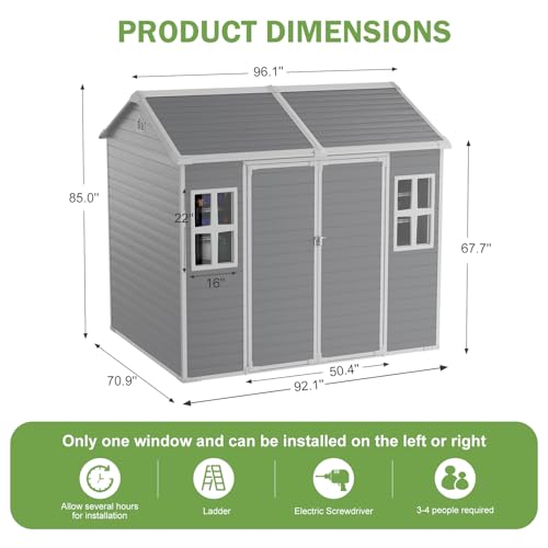 8x6x7 FT Resin Storage Shed, Waterproof Outdoor Tool Shed with Floor, Dove Grey C693740