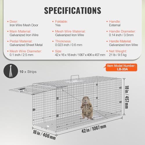 VEVOR Live Animal Cage Trap 24" x 8" x 8" Humane Galvanized Iron Folding Trap G7271