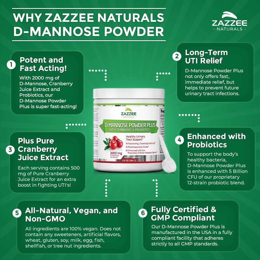 Zazzee D-Mannose Powder Plus, 2000 mg, 67 Servings, with Probiotics & Cranberry, 6.5 Oz Z235