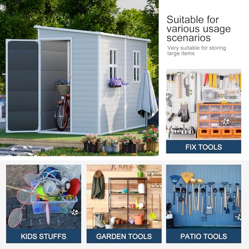 Outdoor Resin Storage Shed 8x4x6 FT with Floor, 2 Windows and Lockable Door X6418