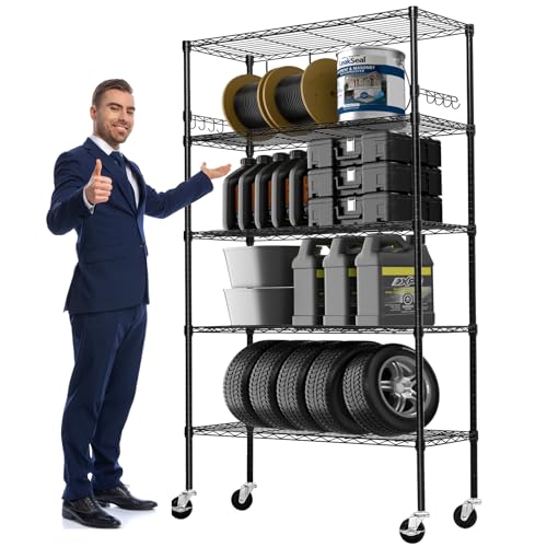 6 Tier Storage Shelves with Wheels, Heavy Duty Adjustable Metal Shelving Rack, Black T460
