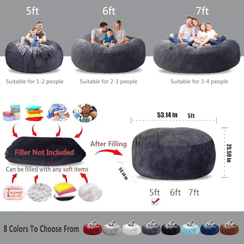 6FT Light Grey Round Fluffy Bean Bag Chair Cover for Adults Kids A1025
