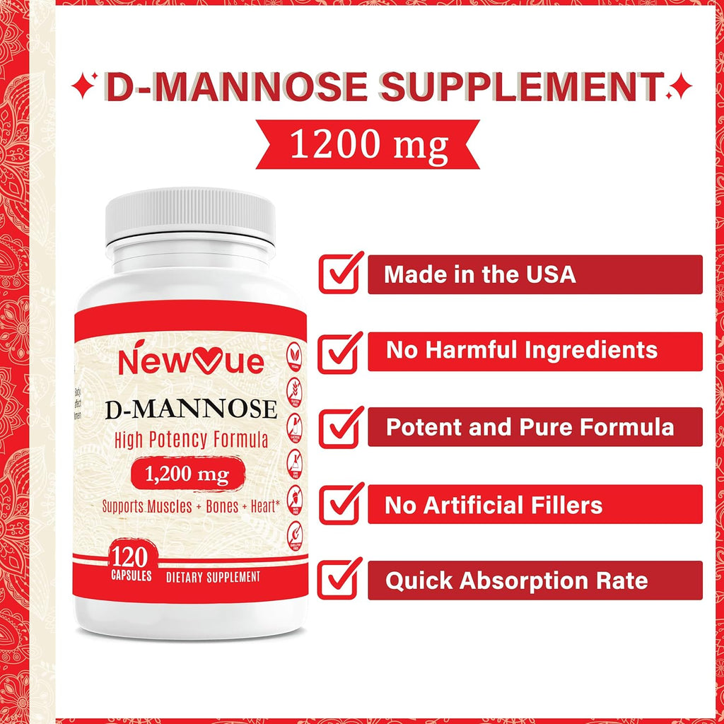 New Vue D-Mannose 1,200 mg Urinary Tract Health Supplement, 120 Veggie Capsules G87303
