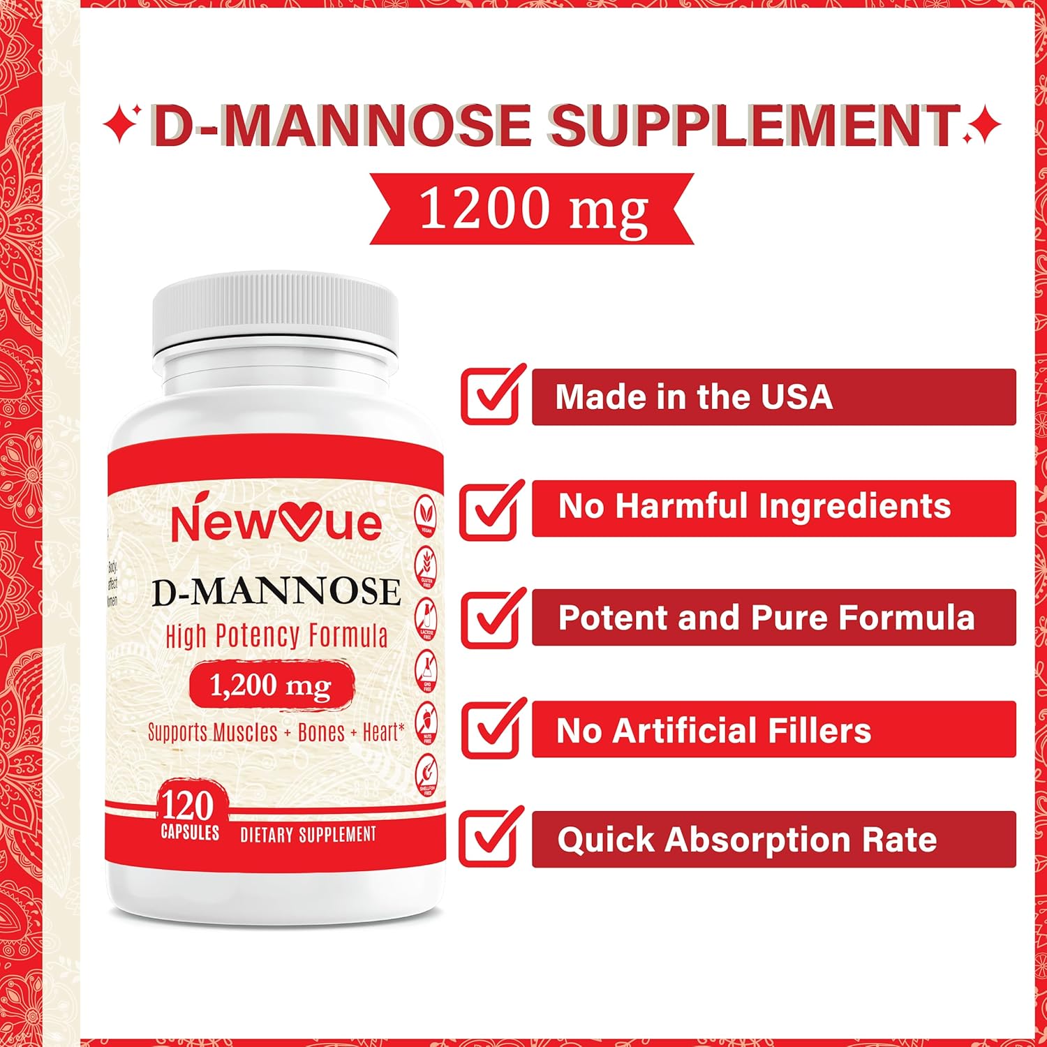 New Vue D-Mannose 1,200 mg Urinary Tract Health Supplement, 120 Veggie Capsules G87303
