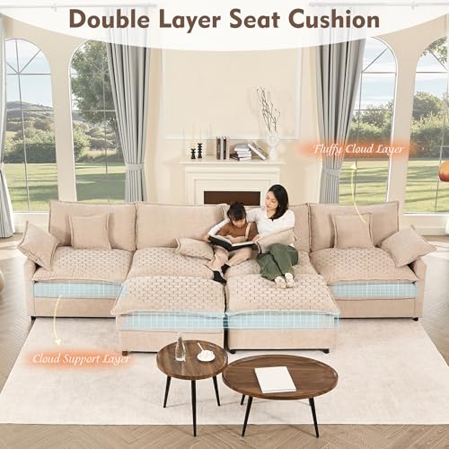 U Shaped Modular Sectional Sofa with Ottoman, Chenille, Black P2121