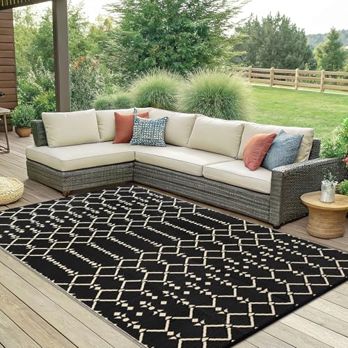 Smiry Waterproof Outdoor Rug 5x8 ft, Reversible Plastic Straw Patio Mat, Black & Beige P20186