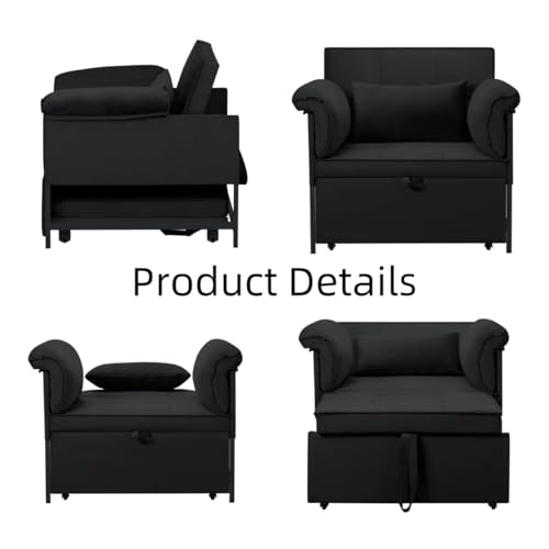 3 in 1 Sleeper Sofa Bed with Side Pocket, Black Convertible Futon Couch W34330