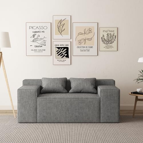 Modern Loveseat Sofa Couch in a Box with 2 Pillows, Cat-Scratch Resistant Linen, Grey F539394