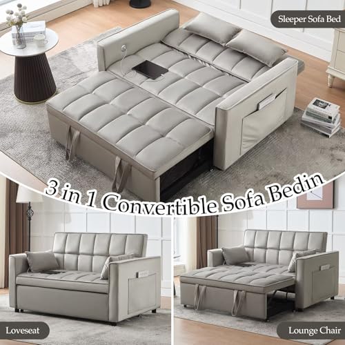 Modern 3 in 1 Convertible Sleeper Sofa Couch Bed with USB, Light Grey M684