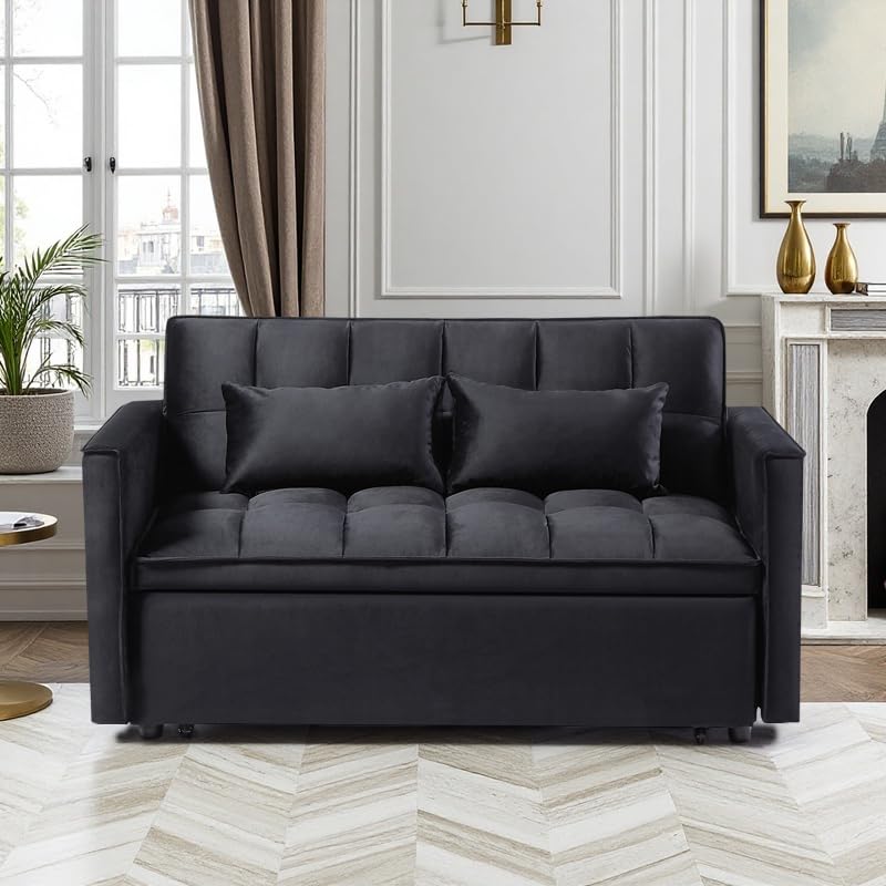 3 in 1 Sleeper Sofa Bed with Side Pocket, Black Convertible Futon Couch W34330